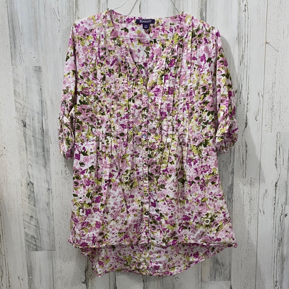 L1010 Roaman’s Pink and Green Floral ButtonUp Top
